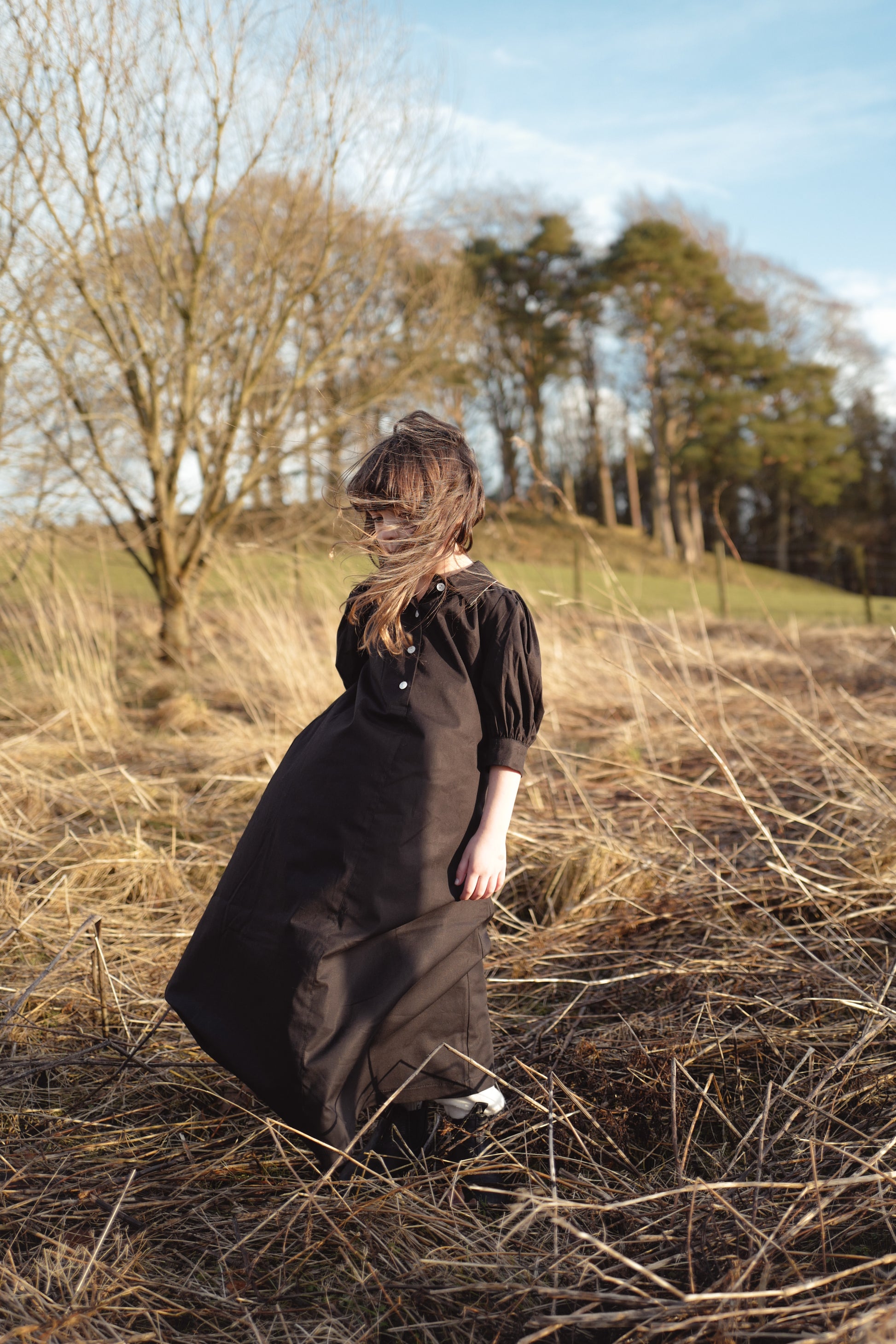 Black cotton maxi dress with floral collar Little Miss Black cotton maxi dress with floral collar Little Miss